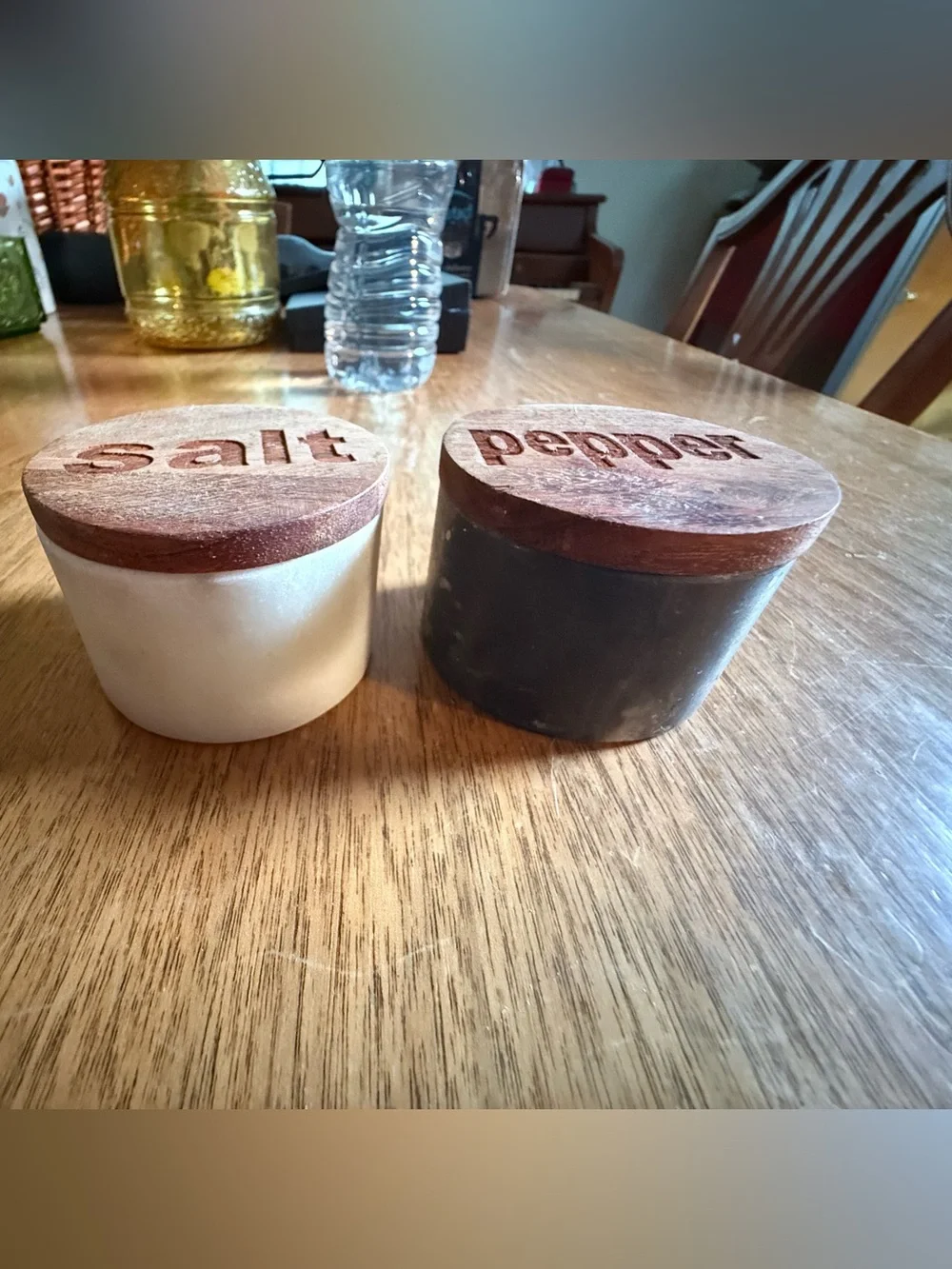 Wood Top Salt & Pepper Ceramic Jars - White & Black